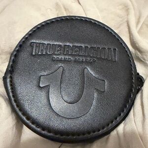 True Religion Black Leather Round Coin Purse Logo Zip Pouch Like New